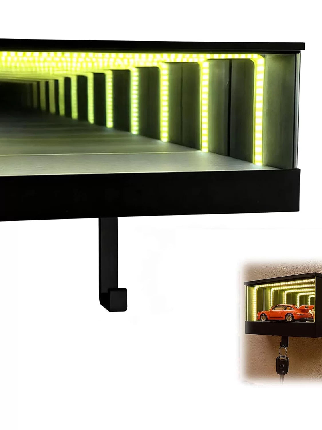 LED strip light fixture with a car garage scene on a white background