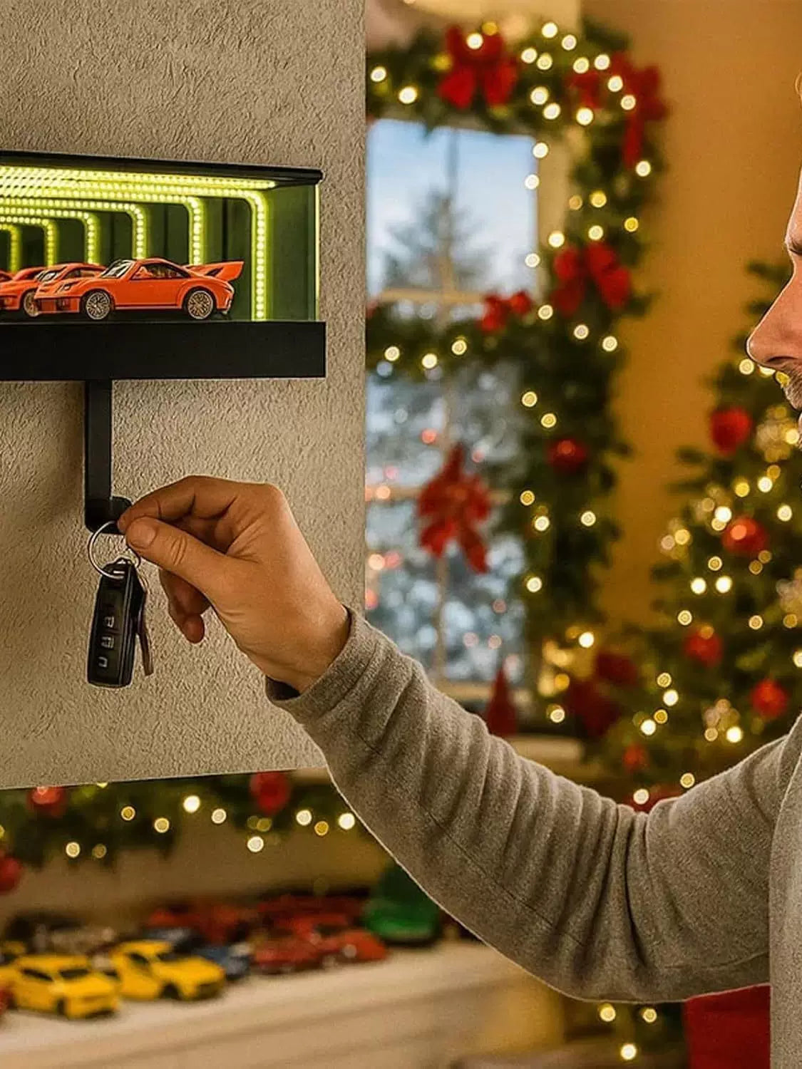 Person using a key to open a small door with toy cars inside, decorated for Christmas.